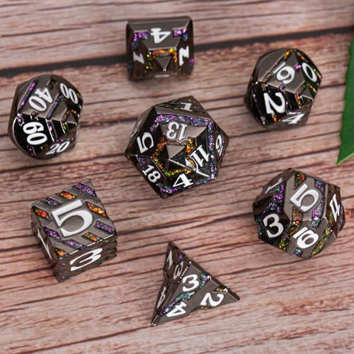 Inlay Metal Dice Set 7pcs – Heavy Zinc Alloy DND & RPG Dice for Tabletop Games - color: Black Nickel Bicolor