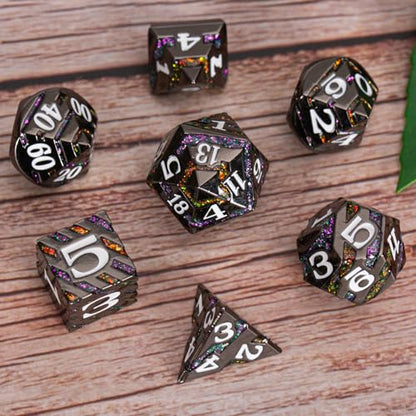 Inlay Metal Dice Set 7pcs – Heavy Zinc Alloy DND & RPG Dice for Tabletop Games - color: Black Nickel Bicolor