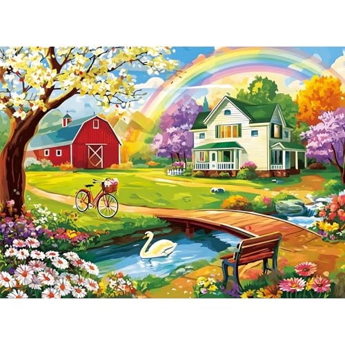 500 Piece Jigsaw Puzzles for Adults, Rainbow Country Cottage 500 Piece Puzzle, Colorful Landscape Puzzles, Relaxing Gift for Adults, Seniors, Fun Family Game Night Activity, 20.5 x 15 in - style: Rainbow Farm