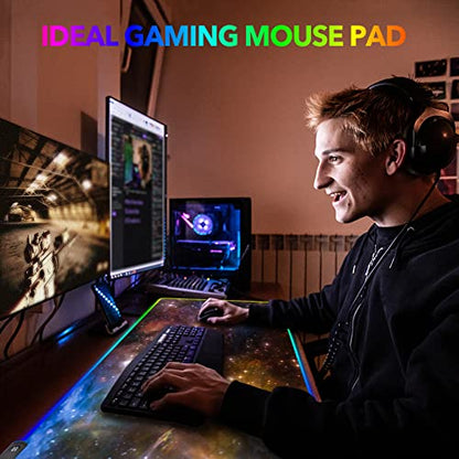 AIMSA Large Gaming Mouse Pad RGB, Keyboard Led Mousepad Extended 35.4 x 15.8 inch Non-Slip Rubber Base with 14 Lighting Modes Desk Mat, Colorful Galaxy Nebula - color: Colorful Galaxy Nebula