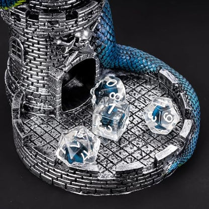 Castle DND Dice Tower Ancient Silver D&D Dice Rolling Tower for RPG | Snake Design, Resin, Dice Roller with Tray, Dungeons and Dragon DM Gift, DND Accessories, for Role Playing Game Tabletop Game - color: Ancient Silver