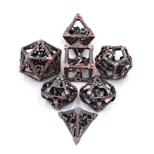 DND Dice Set,3D Octopus Hollow Metal 7-Die,SilverBlood | copper construction,72g balanced weight,engraved numbers,gift box and velvet bag for DND RPG play - color: Bloodstained