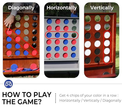 Giant Wooden 4 in A Row Game for Indoor or Outdoor Games | Built-in Foldable Tray, Wall Mounted or Set-up on Ground, Carrying Case - style: Classic