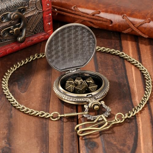 Mini DND Dice Set with Steampunk Dragon Pocket Watch Case, Tiny 7-Piece Polyhedral Metal D&D Dice, DND Gifts with Gift Box for DND Lovers, Role Playing Game Board Game Accessories Dice, Bronze - color: Bronze