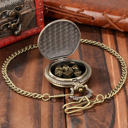 Mini DND Dice Set with Steampunk Dragon Pocket Watch Case, Tiny 7-Piece Polyhedral Metal D&D Dice, DND Gifts with Gift Box for DND Lovers, Role Playing Game Board Game Accessories Dice, Bronze - color: Bronze
