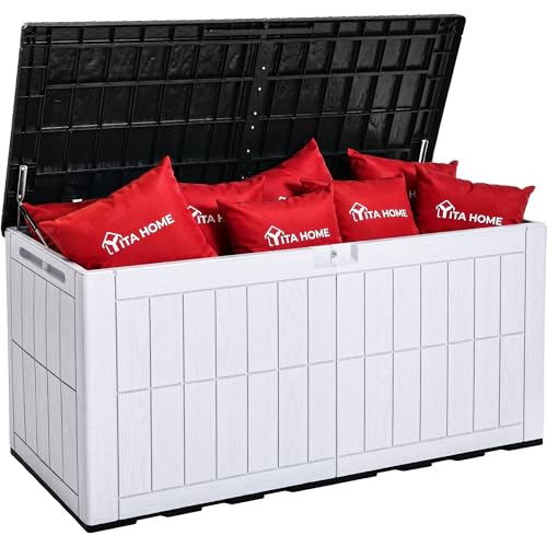 YITAHOME 134 Gallon Large Outdoor Storage Box with Lock | Waterproof Resin Deck Box w/Hydraulic Piston for Garden Tools, Pool Accessories & Cushions(Black & Grayish-White) - color: Black & Grayish-White, size: 134 Gallon, style: Deck Box