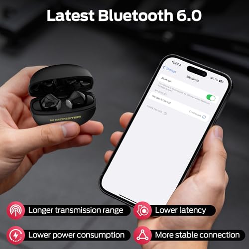 Monster Wireless Earbuds, Bluetooth 6.0 Headphones Deep Bass, Black