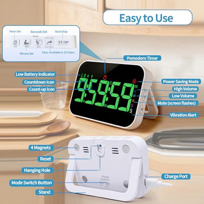 Digital Timer for Classroom, Pomodoro & Kitchen, Rechargeable Magnetic Countdown Timer with Large LED Display, Loud Alarm, 3 Volume Levels, Vibration Mode & 3 Brightness Settings - style: Regular Version