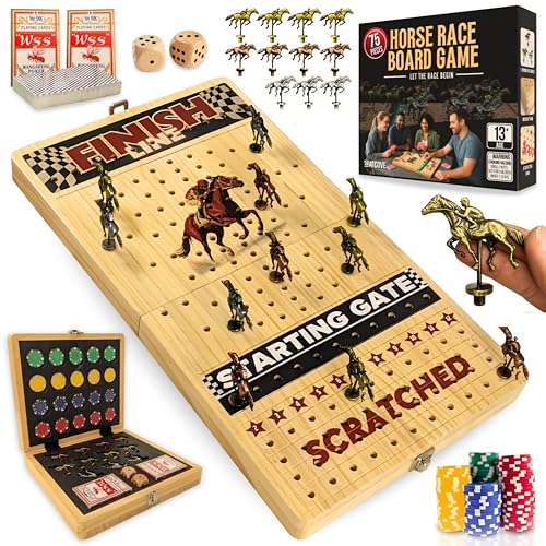 Horse Racing Board Game - Large 22 Inches Folding Horse Race Game Board Adult - Exciting Family Racing Set with Built-in Storage for Premium Chips, 2 Sets of Cards, 2 Dice, and 11 Metal Derby Tokens - style: Checkered Flag
