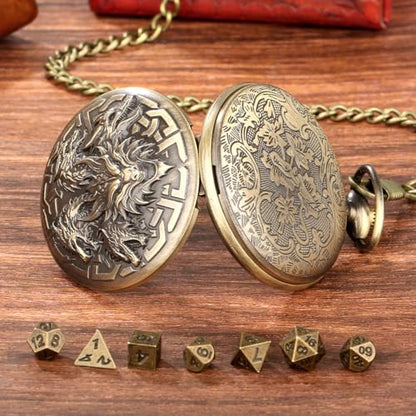 5 Dragon Heads Pocket Watch Case with 7pcs Polyhedral Tiny Metal Dice Kit, Mini DND Dice Set, D&D Starter Set, Role Playing Game Accessories, D&D Gifts with Gift Bag, Dragon Gifts - color: 5 Dragon Heads