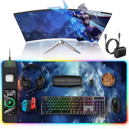 Wireless Charging Mouse Pad, RGB Gaming Mousepad Home Office Desk Pad, 31.5” x 15.8” XXL Large Desk Mat, Waterproof Keyboard Pad, Blue Nebula(Includes 20W PD Power Adapter & 6.56ft Woven Cable) - color: Upgraded Rgb - Blue Nebula With Adapter