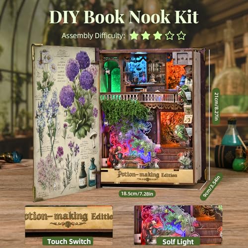 MiniCity Potion-Making Book Nook Kit, 3D Wooden Bookshelf Puzzle with LED | 229-piece book-style DIY kit with LED and dust cover; glue/tools and guide included; 4-6 hr build for shelf decor, ages 14+. - style: Potion-Making Edition