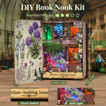 MiniCity Potion-Making Book Nook Kit, 3D Wooden Bookshelf Puzzle with LED | 229-piece book-style DIY kit with LED and dust cover; glue/tools and guide included; 4-6 hr build for shelf decor, ages 14+. - style: Potion-Making Edition