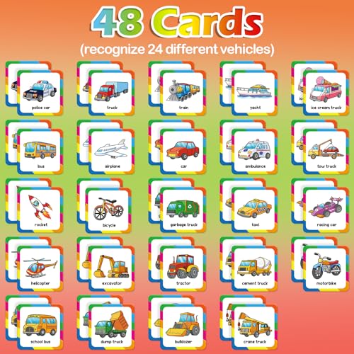 Aizweb Match Game,Memory Game, Vehicle 48 Pcs Toddler Card Games for Kids Ages 3 4 5 6,Flash Cards for Preschool Kindergarten Learning Activities,Educational Toys Homechool Supplies - style: Vehicles
