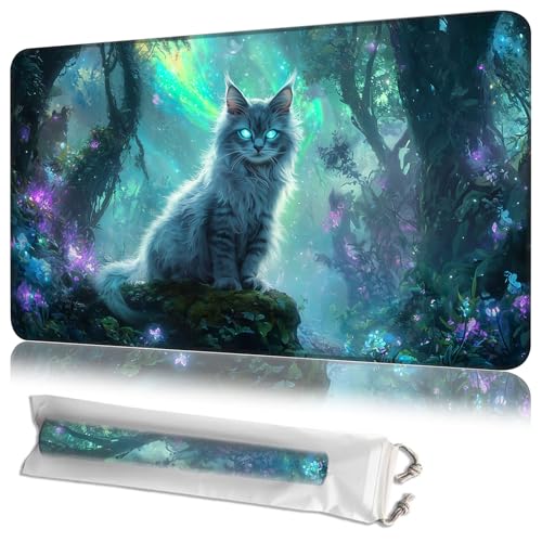 MTG Playmat 24"x14" with Storage Bag, Machine Washable Non-Slip Rubber Mat, 2mm Thick Stitched Edge for Magic The Gathering TCG Players- Mystical Cat Forest - color: Mystical Cat Forest, size: 24L x 14W inches