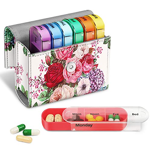 FINPAC Weekly Pill Organizers 4 Times A Day, Slide Open PU Leather Case Travel Pill Vitamin Medicine Reminder and Planner with Name Card for Morning| Afternoon| Evening| Bedtime (Flower Festival) - color: Flower Festival
