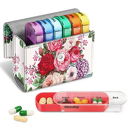 FINPAC Weekly Pill Organizers 4 Times A Day, Slide Open PU Leather Case Travel Pill Vitamin Medicine Reminder and Planner with Name Card for Morning| Afternoon| Evening| Bedtime (Flower Festival) - color: Flower Festival