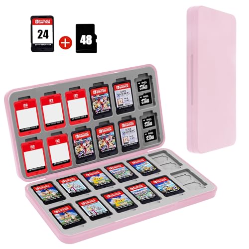 FYY Nintendo Switch Game Case Holder for Switch 2 Cartridge, Pink | 24 Game Card Slots & 48 Micro SD Card Slots, Hard Shell, Silicone Lining - color: B-Pink