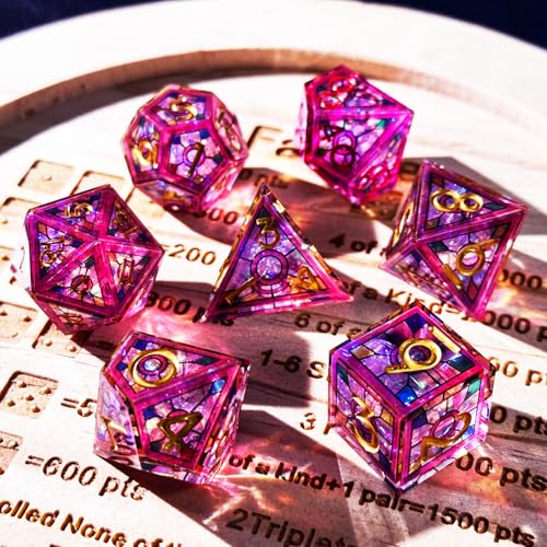 HAOMEJA Double Layered Resin Dice Set 7pcs/ Stained Glass Effect & Gold Numbers/Sharp Edged Polyhedral Dice/Apply to D&D/DND/Role Playing Game/RPG/Party Gift (Purple Sky) - color: 1 Purple Sky