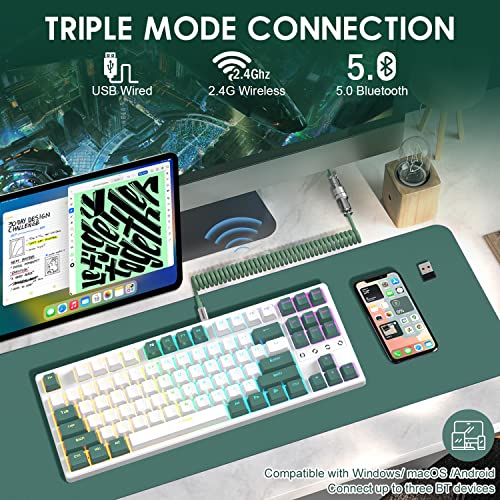 Wireless Gaming Keyboard and Custom Coiled USB C Cable,Triple Mode 2.4GHz/BT 5.0/USB-C,TKL Hot Swappable Mechanical Keyboard Yellow Switches,Rechargeable 3000mAh for PC PS5 PS4 Xbox-2 in 1 Kit - color: White green yellow switch