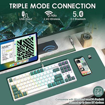 Wireless Gaming Keyboard and Custom Coiled USB C Cable,Triple Mode 2.4GHz/BT 5.0/USB-C,TKL Hot Swappable Mechanical Keyboard Yellow Switches,Rechargeable 3000mAh for PC PS5 PS4 Xbox-2 in 1 Kit - color: White green yellow switch