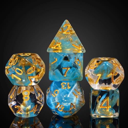 DND Dice Set Blue Magma Polyhedral Dice Set for D&D Tabletop Games | Leather Storage Bag, DM Gift, for Dungeons and Dragons Role Playing Games - color: Blue&gold