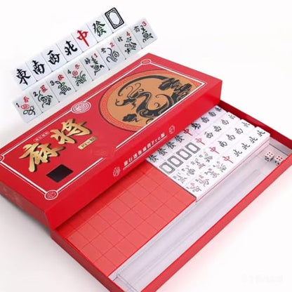 Red Mini Mahjong Set 麻将 Waterproof Mahjong Portable Mini Mahjong Internet Celebrity Creative Portable Outdoor Travel Mahjong with gife Box Carrying Travel Dragon Case,Mahjong Tile Game,2 Dice 4 Racks