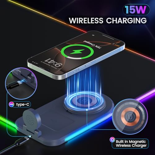15W Wireless Charging Mouse Pad with Phone Holder&20W Power Adapter, RGB Gaming Mouse Pad, 15 Lights Mode 31.5"x11.8" XXL Large Desk Pad,Ultra-Smooth Surface,Non-Slip Rubber Base
