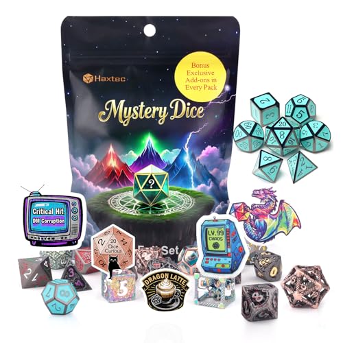 Haxtec Mystery Metal DND Dice Set 7pcs Polyhedral Dice + 3 Funny Waterproof Stickers, Metal Dice for Dungeons & Dragons, Chance to Win Hollow Metal Dice, Great DND Gift, No Duplicates in 2/5 Packs - style: Metallic