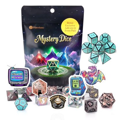 Haxtec Mystery Metal DND Dice Set 7pcs Polyhedral Dice + 3 Funny Waterproof Stickers, Metal Dice for Dungeons & Dragons, Chance to Win Hollow Metal Dice, Great DND Gift, No Duplicates in 2/5 Packs - style: Metallic