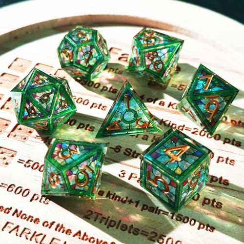 HAOMEJA Double Layered Resin Dice Set 7pcs/ Stained Glass Effect & Gold Numbers/Sharp Edged Polyhedral Dice/Apply to D&D/DND/Role Playing Game/RPG/Party Gift (Green Sky) - color: 1 Green Sky