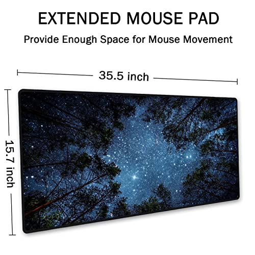 SSOIU The Milky Way and The Trees Mouse Pad 35.5 X 15.7 Inch XXL Night Sky Full Desk Mousepad Extended Large Non-Slip Rubber Base Waterproof Big Keyboard Mat with Stitched Edges for Gaming and Office - color: Night Sky and Trees