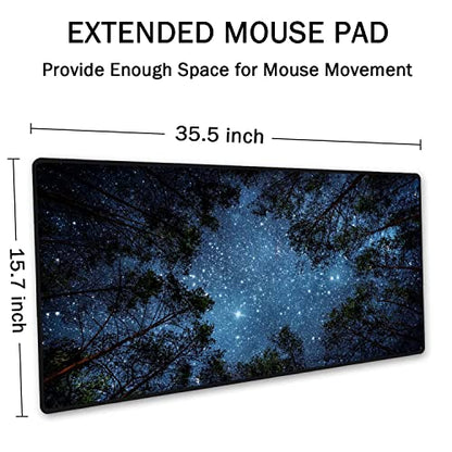 SSOIU The Milky Way and The Trees Mouse Pad 35.5 X 15.7 Inch XXL Night Sky Full Desk Mousepad Extended Large Non-Slip Rubber Base Waterproof Big Keyboard Mat with Stitched Edges for Gaming and Office - color: Night Sky and Trees