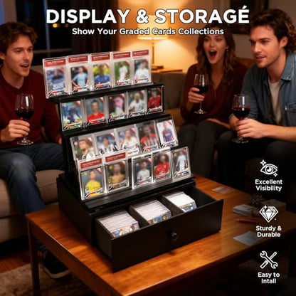 Wooden 4-Tier Trading Card Display Case, Sports Card Display stand with Custom Drawer, Card Supporters & Dividers For Graded Card Display Collection Storage