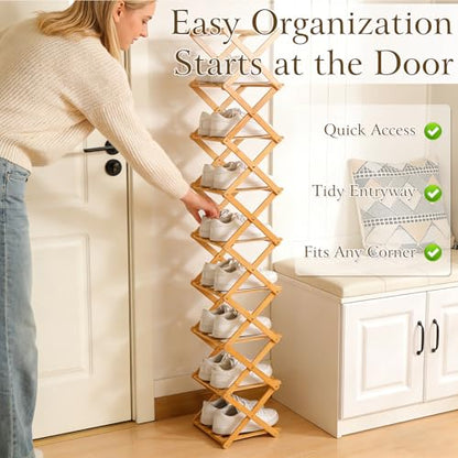 Foldable Shoe Rack, Tier No-Assembly Bamboo Rack, 2026 New Portable Bamboo Corner Shoe Rack, Multifunctional Narrow Shoe Shelf for Entryway, Closet, Corner, Bedroom (6 Layers)