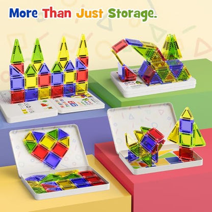 Mini Magnetic Tiles Travel Toys: Airplane Activities for Kids 3-8 | 40pcs Metal Box Play Base & Visual Storage Guide - Road Trip Essentials for Toddlers Quiet Games Portable Sets Must Haves - style: Glossy Surface Mini Magnetic Tiles - 40 PCS