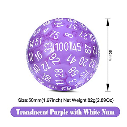 Purple D100 Dice Set DNDND 50mm 100 Sided Die with Translucent Pouch for Dungeons and Dragons DND(Translucent Purple with White Number) - color: Transparent Purple
