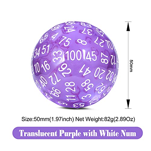 Purple D100 Dice Set DNDND 50mm 100 Sided Die with Translucent Pouch for Dungeons and Dragons DND(Translucent Purple with White Number) - color: Transparent Purple