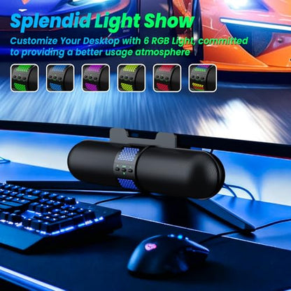 BESTISAN Computer Speaker, Bluetooth 5.3/Wired USB A/C Connection, 6 RGB Light Modes, Gaming Soundbar for PC/Laptop/Desktop, USB A/C Adapter, Easily Clamps to Monitor, Convenient Button Controls