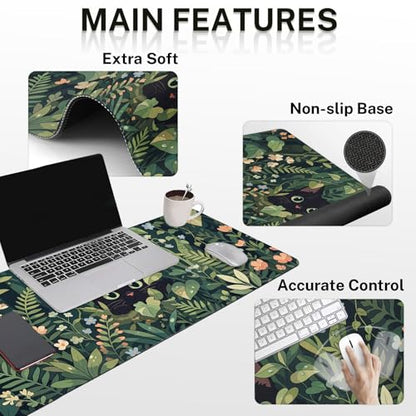 Britimes Green Plants Keyboard Mouse Pad Set Cute Black Cat 4in1 Large Mousepad+Keyboard Wrist Rest+Mouse Wrist Rest+Coaster Ergonomic Design for Home Office Computer 35.4x15.7 inches - color: Cat in the Grass