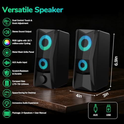 RGB Computer Speakers for PC Gaming, 6W Stereo Desktop Speakers with 16.7M Color Lighting, USB Powered 2.5" Driver Computer Speakers for Monitor, Laptop