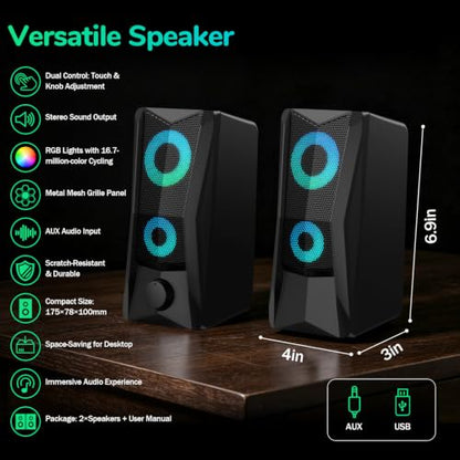 RGB Computer Speakers for PC Gaming, 6W Stereo Desktop Speakers with 16.7M Color Lighting, USB Powered 2.5" Driver Computer Speakers for Monitor, Laptop