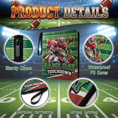 Trading Card Binder 9 Pocket, Football Card Binder Holds 900 Cards with 50 Removable Sleeves, Waterproof PU Leather with Zipper Card Collector Album Book Compatible with TCG Cards - color: Football