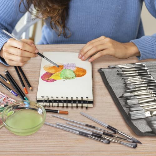Paint Brushes Set of 24 Pieces, CONDA Different Shapes Wooden Handles Brushes with Art Brush Case, Professional Artist Brushes for Oil, Acrylic Canvas Watercolor Painting Craft - color: Light Grey