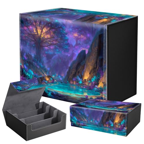 DEGDFSGR Card Game Storage Box for TCG MTG Commander Deck Box MTG Card Box Organizer Trading Card Case Magnetic Closure Creative Pattern Up to 2400 Cards, Glowing Magical Forest Neon Lake - color: Glowing Magical Forest Neon Lake