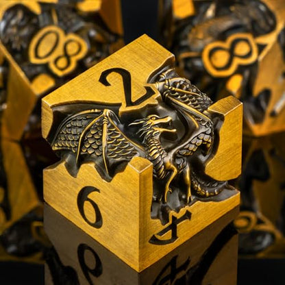 Roycevon Relief Dragon DND Dice Set for Role Playing Game, 7Pcs Metal D&D Dice Set Dungeons Dragons with Gift Box, Polyhedral D and D Dice D20 D12 D10 D8 D6 D4, Gold - color: Gold
