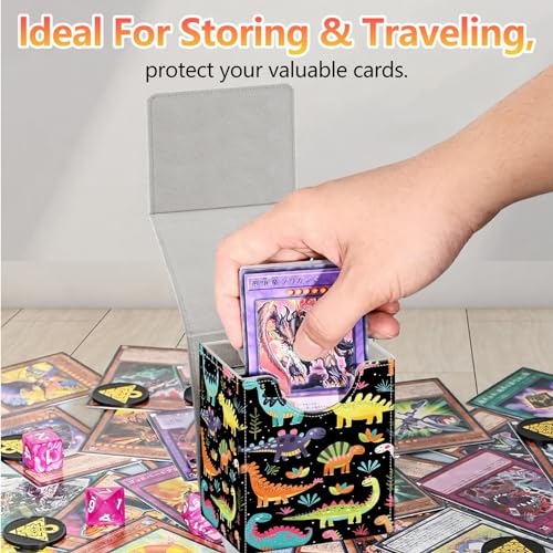 Card Deck Box, Card Storage Box Fits 100+ Single Sleeved Cards, Large Capacity PU Leather Card Storage Box with Strong Magnet for Magic Commander TCG CCG, Cartoon Dinosaurs - color: Cartoon Dinosaurs