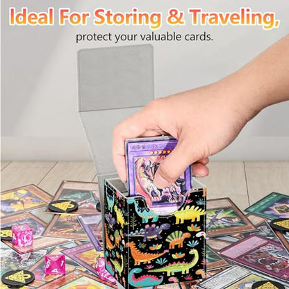Card Deck Box, Card Storage Box Fits 100+ Single Sleeved Cards, Large Capacity PU Leather Card Storage Box with Strong Magnet for Magic Commander TCG CCG, Cartoon Dinosaurs - color: Cartoon Dinosaurs
