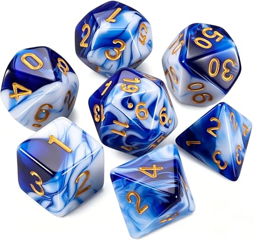 QMAY DND Dice Set - 7 Pcs Polyhedral Dice with D&D Dice Bag for Dungeon and Dragons, RPG, MTG, Role Playing Games Dice (Blue Mix White) - color: Blue and White