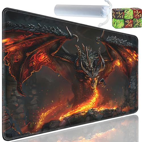Playmat for MTG, 24x14 Inches Playmats, for TCG and CCG Trading Card Game Mat, Non-Slip Rubber for MTG Playmats with A Storage Bag and 6 Dice Set, Evil Dragon Breathing Fire Pattern - color: Yu-Playmat-1-C64